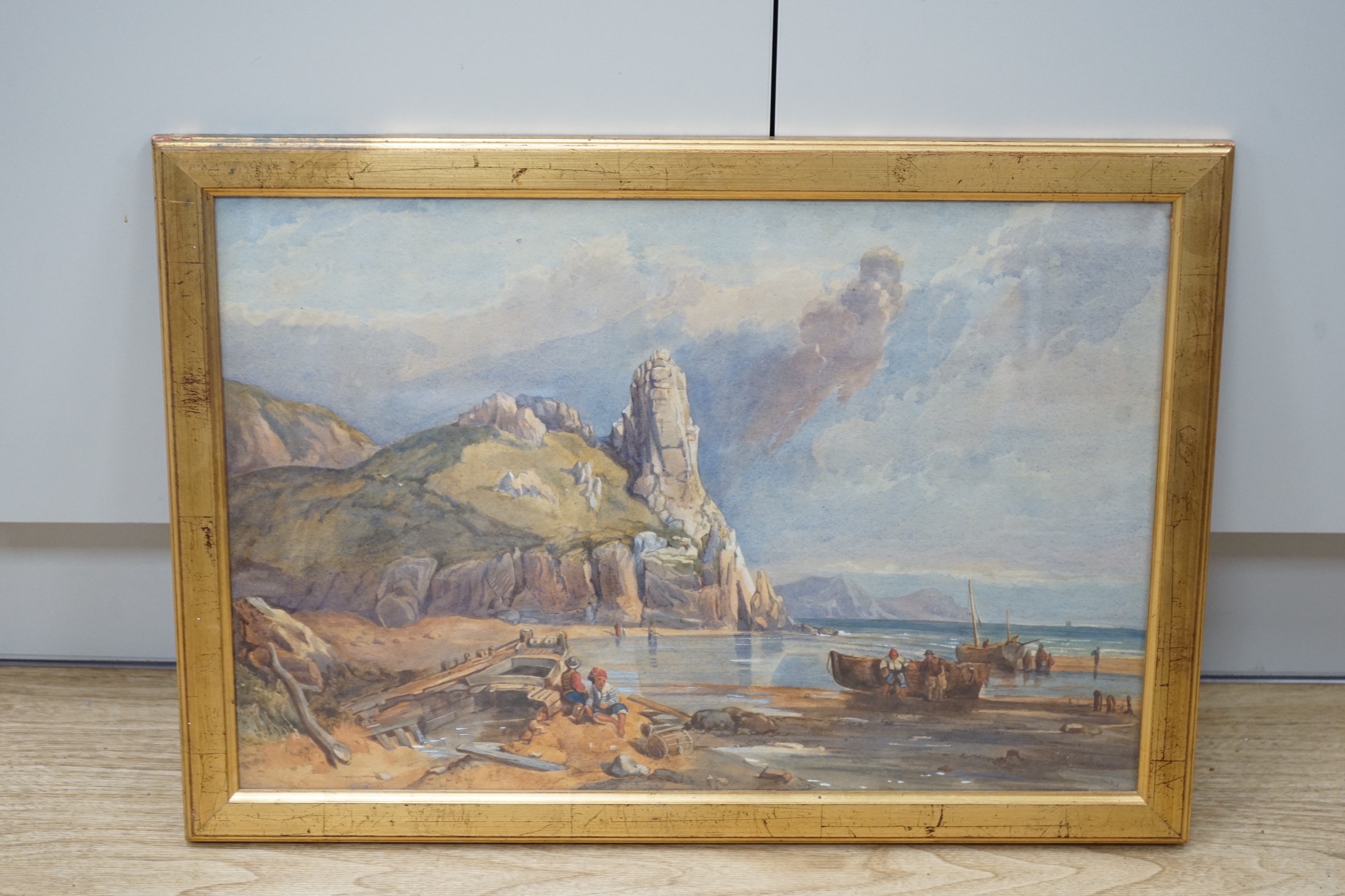 Victorian School, watercolour, Coastal landscape with fisherfolk, 37 x 55cm